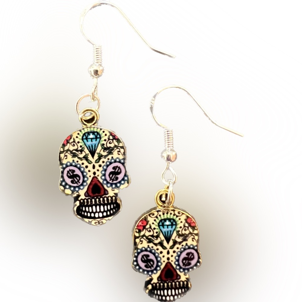 Handcrafted Sugar Skull charm earrings. Yellow  Dia de Los Muertos